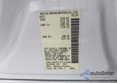 2014 Nissan Altima 2.5/2.5 S/2.5 Sl/2.5 Sv из США, поврежденный, VIN 1N4AL3AP4EC271504